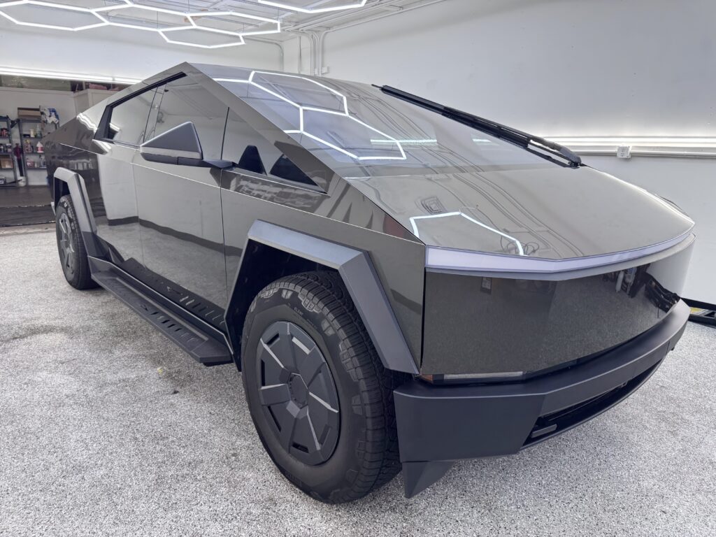 Tesla Cybertruck with window tint at Tru-Tints Concord installation bay