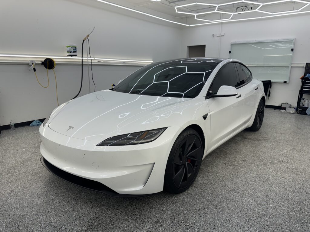 White Tesla Model X with XPEL ceramic window tint installed by Tru-Tints in Concord